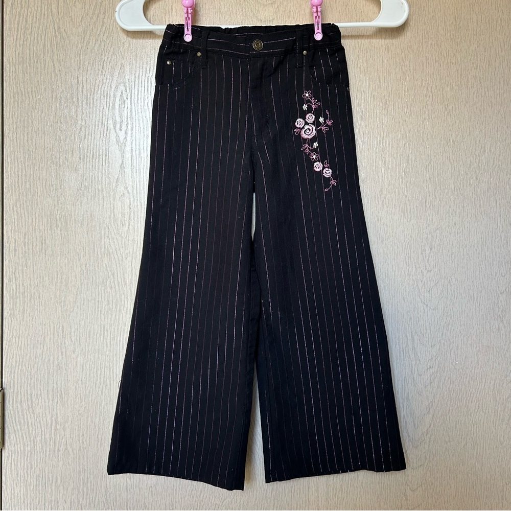 Vintage Y2K Striped Pants with Pink Flower Embroidery - GLO jeans - Girl size 5